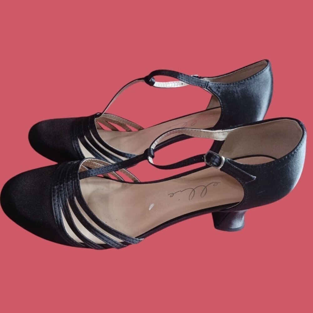 Ellie 254 lucille dress pump Satin T-Strap Shoes With Low Heel Black Size 12 - Picture 3 of 12